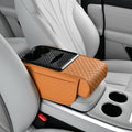 Car Center Console Armrest Pad, Arm Rest Box Cushion with Ergonomic Height Boost, Storage Pockets, Built-in Tissue Box, Cupholder, Fit for Most Sedan Vehicles (Embossing Checkerboard, Orange)