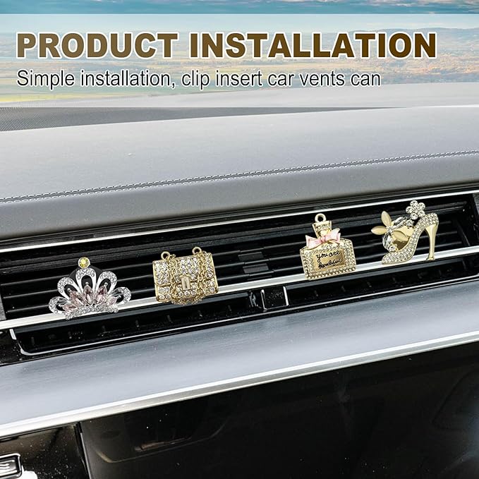 4PCS Bling Air Freshener Vent Clip, Crystal Rhinestone Heels Bag Crown Perfume Bottle Dashboard Air Vent Trim Clips, Cars Accessories Interior Decor (Gold)
