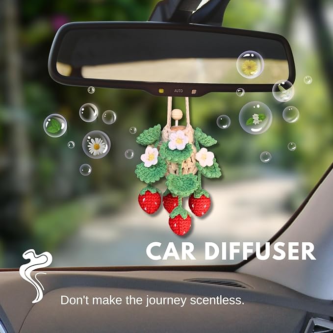 Handmade Crochet Hanging Car Air Freshener - Cute Strawberry Plant Design, 12ml Refillable Thick Glass Bottle, Car Diffuser for Rearview Mirror, Home & Office Decor