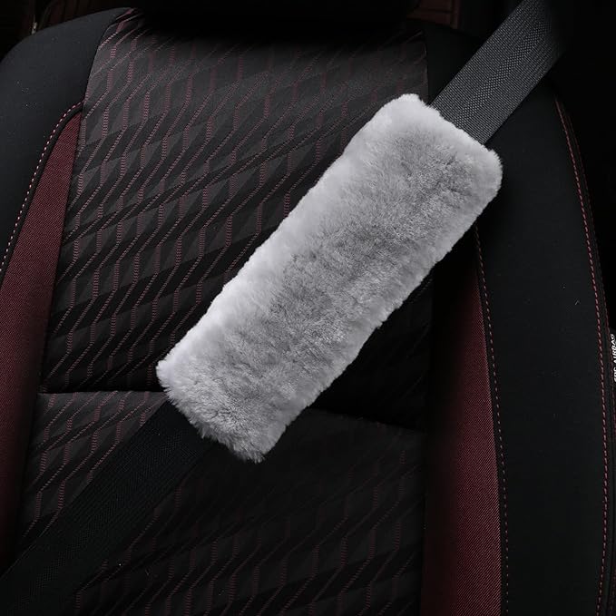 Soft & Cozy Australian Sheepskin Car Seat Belt Covers,2 Pack Fluffy Seatbelt Pads, Genunie Sheepskin Fur Shoulder Straps Cushions for Adults Kids Women and Men (Light Grey)