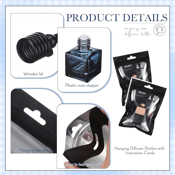 Boao 50 Sets Hanging Car Air Freshener Diffuser Bottles with Instruction Card and 4 x 6'' Resealable Holographic Bag for Empty Car Essential Oil Perfume Bottles Packaging (Cube,Black)