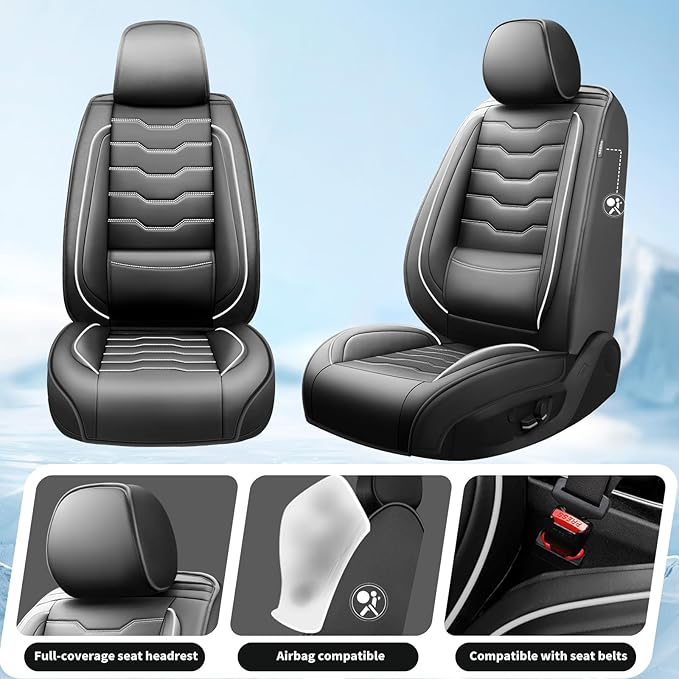 Fit Sonata Car Seat Covers Premium Leather for Hyundai Sonata 2007-2025 2026. Waterproof， Breathable, Scratch-Resistant & All-Weather Seat Cushion Protector（Front Seat,White Line Black