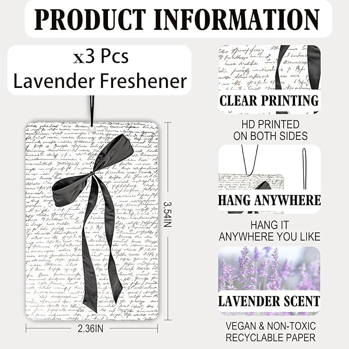 Retro Black Coquette Bow Lavender Car Air Freshener 3 Pcs, Cute Girly Cherry Ribbon Lips Air Freshener Hanging Decor for Cars Closet Drawer Books, Vintage Accessories Gifts for Women Girls