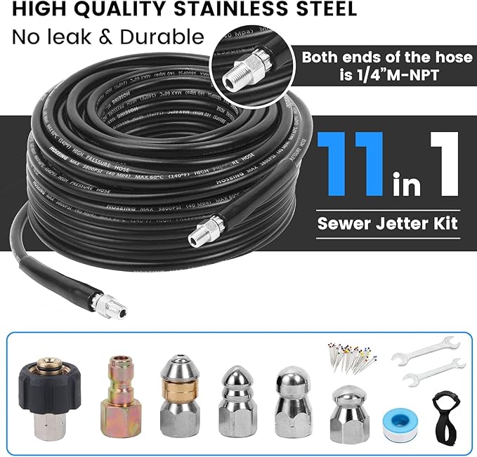100FT Sewer Jetter Kit for Pressure Washer, 5800 PSI Water Jet Drain Cleaner Hose Corner Rotating Button Nose Sewer Jetting Nozzle 1/4 Inch NPT, Sewer Jetter Nozzles Kit with Spanner Handle Strap