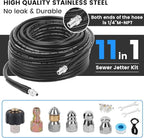 100FT Sewer Jetter Kit for Pressure Washer, 5800 PSI Water Jet Drain Cleaner Hose Corner Rotating Button Nose Sewer Jetting Nozzle 1/4 Inch NPT, Sewer Jetter Nozzles Kit with Spanner Handle Strap