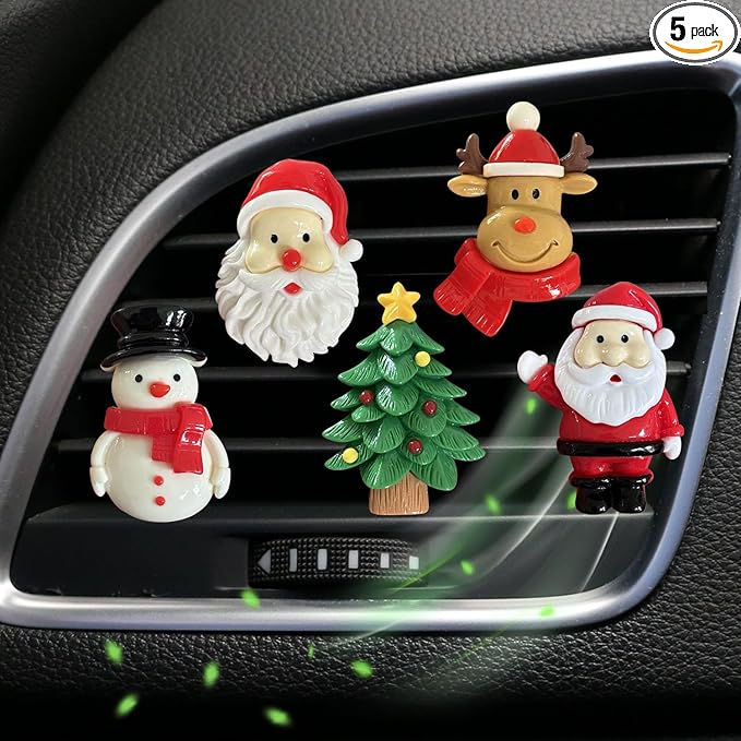Set of 5 Christmas Car Air Freshener Vent Clips, Cute Santa Elk Snowman Xmas Tree Air Conditioning Outlet Clip Charms, Fun Car Interior Decoration Accessories