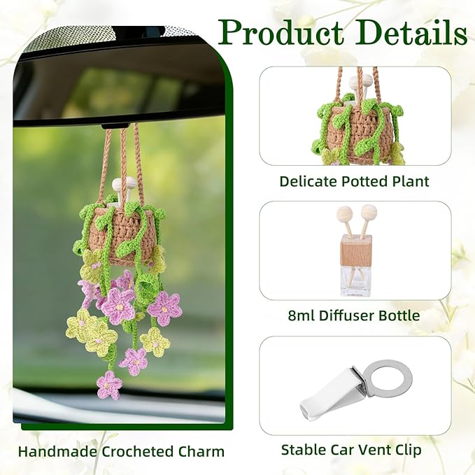 Crochet Car Air Freshener, 8ml Empty Refillable Oil Diffuser Bottle with Hanging Crochet Pink Daisie Plant & Hanging Tools, Car Rearview Mirror Diffuser for Wall Art & Home & Office Decoration