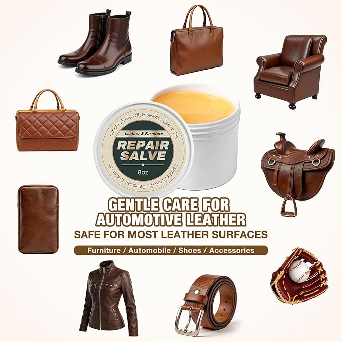 Leather Conditioner & Repair Cream: Leather Cleaner and Conditioner for Car Seats and Interiors - Repair Conditioning Salve for Furniture Couches Shoes Purse Bags (8 Oz)