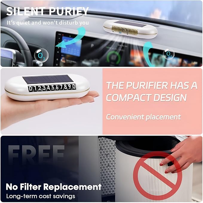 Solar-Powered Car Air Purifier with USB Charging & Ozone Odor Elimination - Portable HEPA Filter-Free Ionizer for Pet Odors, VOCs - Compact, Silent, Best for Car Use (8820 white)