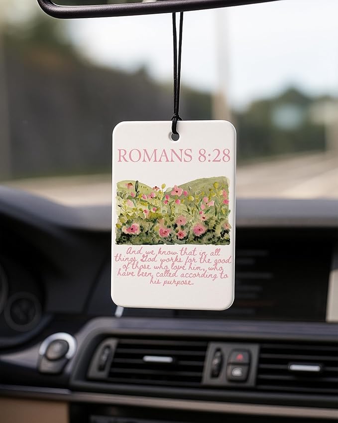 Boho Pink Floral Christian Car Air Freshener 4 Pcs Coconut Scented, Faith Based Girly Car Accessories Mirror Decor for Women, Religious Hanging Air Freshener for Cars Closet Drawer Books