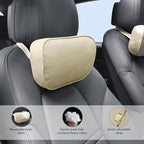 Car Neck Pillow for Headrest, 2 Pack PU Leather Car Headrest Pillow for Neck Support, Super Soft Ergonomic Du-Pont Bio Cotton Travel Pillow with Adjustable Strap (Beige, Shaped Style)