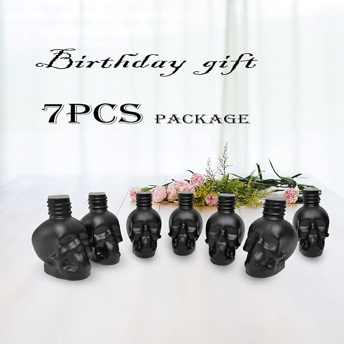 7PCS 15ML Skull Glass Bottle,Include Silica Gel Stopper,Wood Suspended Wooden Cover,1PCS Dropper and 1PCS MINI Funnel for Car Perfume Bottle,Home Decoration Bottle,Gift Bottle. (black)