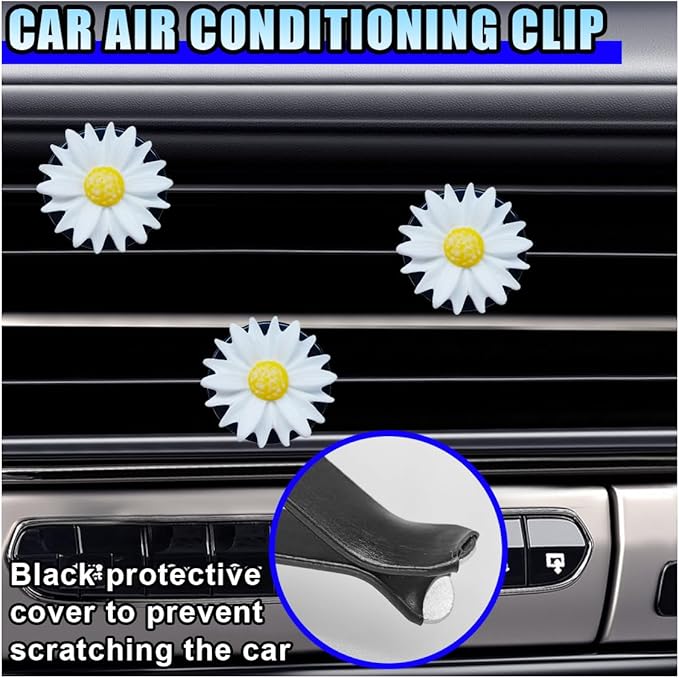 3PCS Daisy Flower Car Dashboard Air Vent Trim Clip, Cute Daisy Air Conditioner Outlet Clip Car Charm for Women, Car Air Vent Clip Auto Interior Decoration for Girls Present (White)