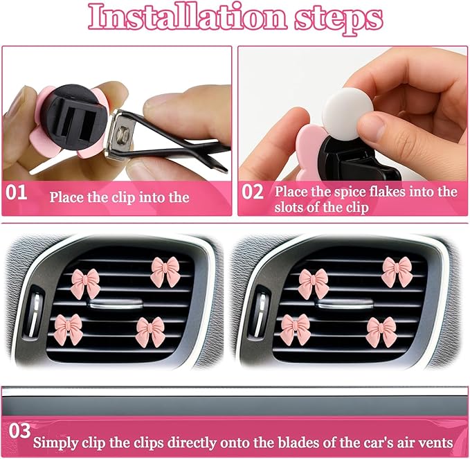 4PCS Bow Car Air Freshener Clips, Cute Girly Bow Car Air Vent Clip, Car Decor Accessories Interior Aesthetic Decorations Charm Stuff for Women Gir (Pink, 1.69in)
