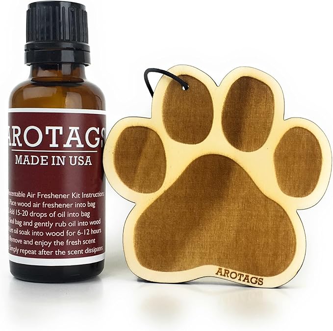 Arotags Dog Wooden Car Air Freshener - Long Lasting Beach Bum Scent Diffuses for 365+ Days - Includes Paw Print Hanging Mirror Diffuser and Fragrance Oil - 100% American Made