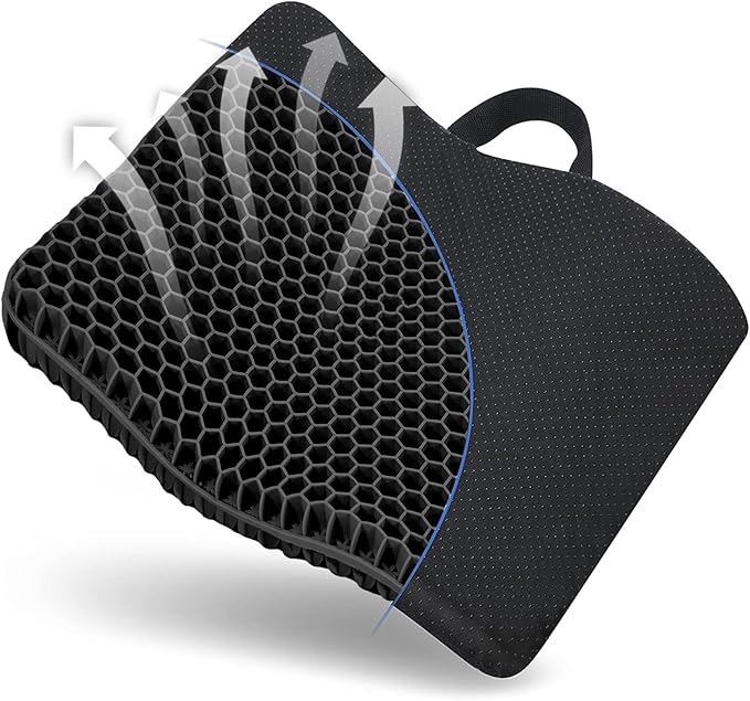 Gel Seat Cushion, for Long Sitting -Double Thick Gel Seat Cushion Breathable Honeycomb Chair Cushion with Non-Slip Cover for Office Chair Car, Wheelchair, Long Trips,Relief Sciatica Pain