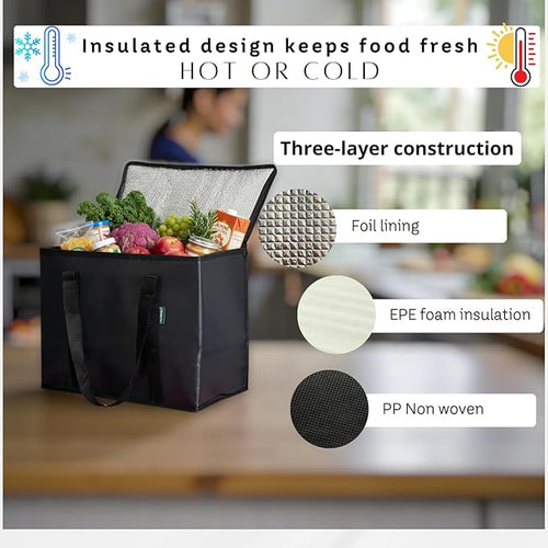 2-Pack Insulated Reusable Grocery Bags – Large Cooler Tote for Cold & Hot Food, Stays Upright, Durable, Foldable for Travel and Delivery