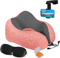 Airplane Neck Pillow Includes Travel Pillow + Airplane Phone Holder Mount + Eye Masks + Earplugs for Travel, 100% Pure Memory Foam Travel Pillow, 5 Pc Travel Kit, (Pink)