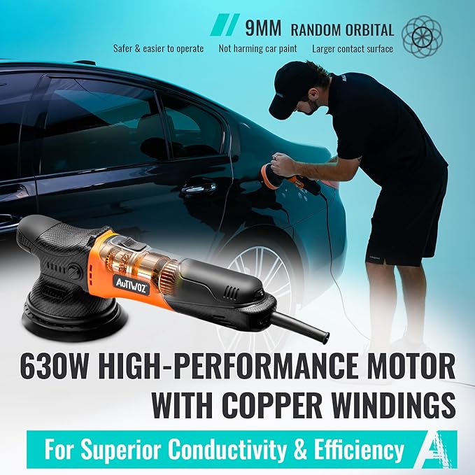 Car Buffer Polisher, 5 Inch Dual Action Polisher for Car Detailing, 9mm Random Orbital Car Polisher Buffer Kit, 6 Speeds 2000-6200RPM, 4 Buffing Pads for Car detailing, Polishing, Waxing, W01