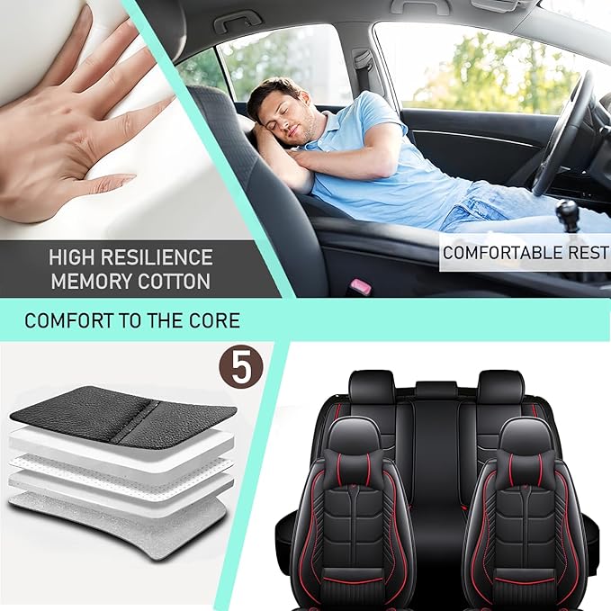 Leather Car Seat Covers Fit for Toyota 4Runner 1991-2024, 5 Seater Car Seat Cover, Premium Waterproof, Scratch Resistant Car Interior Accessories (Full Set with Pillow Black Red)