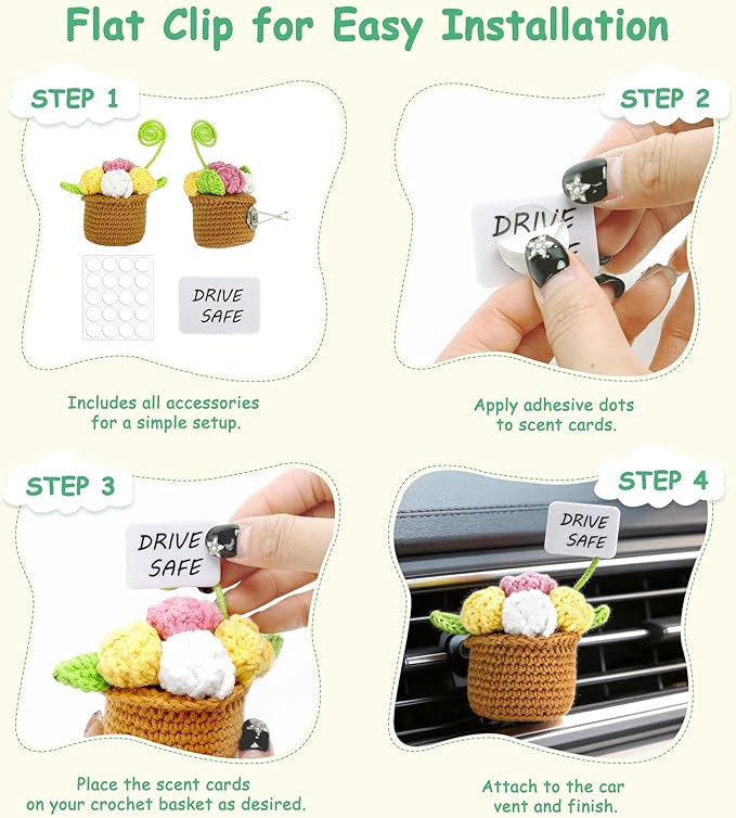 SUNACE 2 Pcs Cute Crochet Plant Car Vent Clips, Handmade Plant Pots Car Air Freshener with 6 Scent Cards, Car Interior Decor Accessories Gift for Women, for Car Vents, Home & Office Spaces