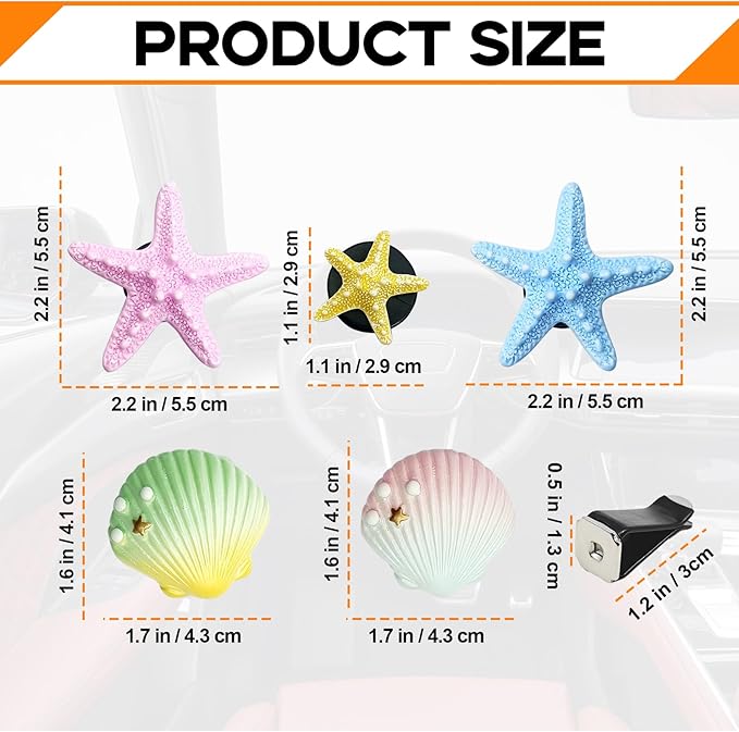 5PCS Seashell and Starfish Car Air Vent Clips, Colorful Ocean Series Car Air Freshener Diffuser, Beach Theme Car Interior Decoration Accessories (No Aromatherapy Tablets)