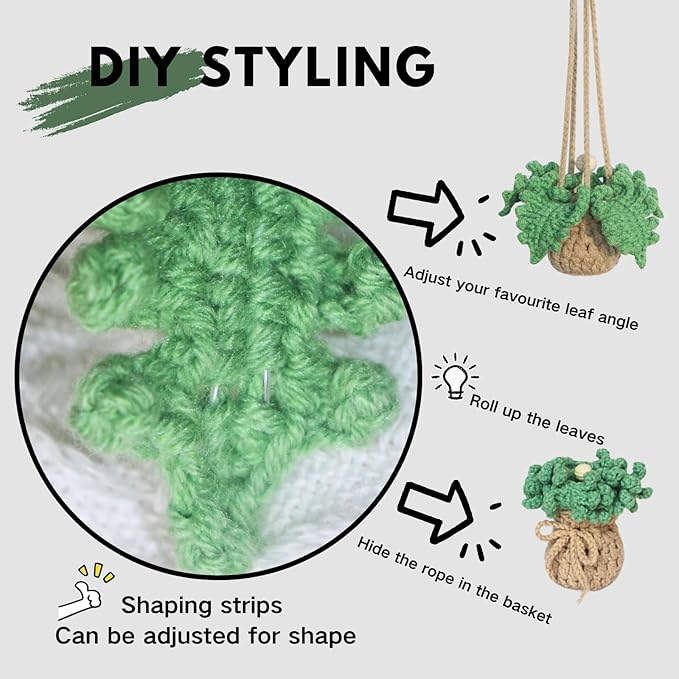 Handmade Crochet Car Air Freshener - Adorable Bendable Fern Plant with 8ml Empty Refillable Oil Diffuser Bottle, Suitable for Car Rearview Mirror Hanging, Home & Office Decor