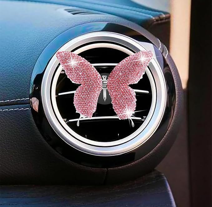 Dotesy 2 Pack Bling Bling Butterfly Air Vent Clips Crystal Butterfly Car Air Fresheners Vent Clips Diamond Cute Car Interior Decor for Women (Pink)