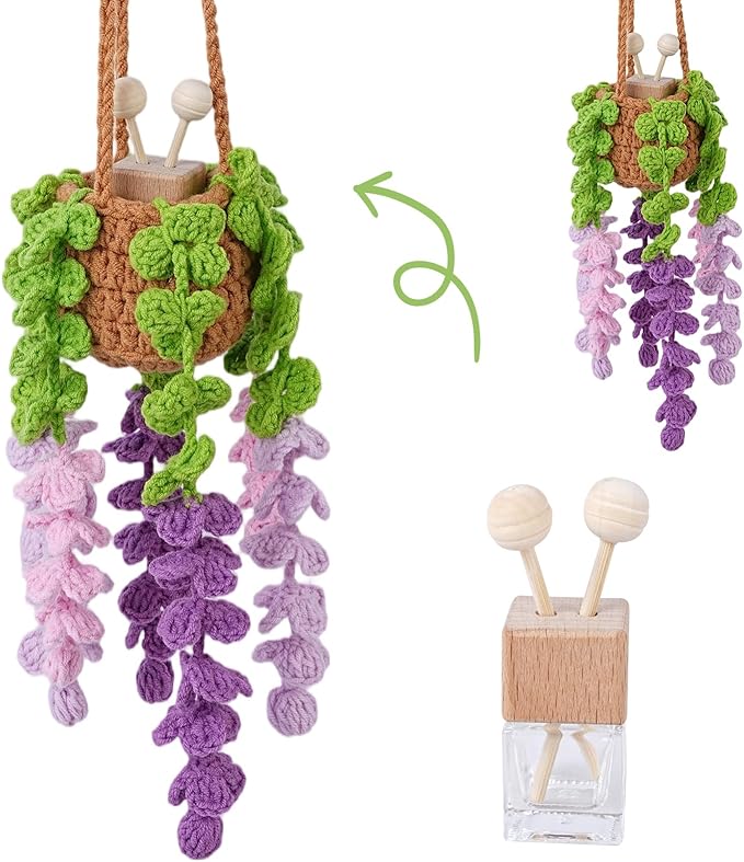 Crochet Car Air Freshener, 8ml Empty Refillable Oil Diffuser Bottle with Hanging Crochet Purple Wisteria Plant & Hanging Tools, Car Rearview Mirror Diffuser for Wall Art & Home & Office Decoration