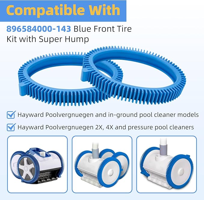 Pool Cleaner Tires with Super Hump Compatible with Hayward Poolvergnuegen 2X 4X Pool Vacuum Wheels, 896584000-143 Blue Front Tire Also fit for Hayward Phoenix Pressure Pool Cleaner Parts 2 Pack