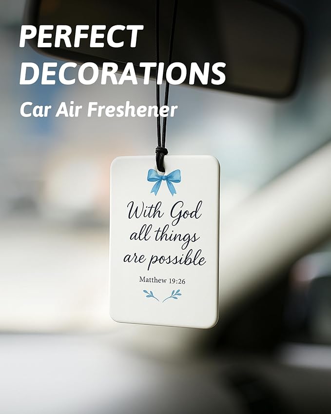 Coquette Blue Bow Floral Christian Car Air Freshener 4 Pcs, Preppy Girly Religious Hanging Air Freshener for Cars Closet Drawer Books, Cute Christian Car Accessories Mirror Decor for Women