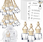 Boao 25 Sets Hanging Car Air Freshener Diffuser Bottles Empty Bulk with Car Diffuser Instruction Cards Organza Bags Glass Refillable Essential Oil Fragrance Aromatherapy Pendant (Flat Square,Clear)