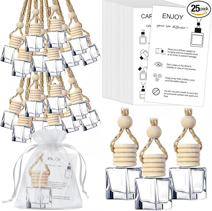 Boao 25 Sets Hanging Car Air Freshener Diffuser Bottles Empty Bulk with Car Diffuser Instruction Cards Organza Bags Glass Refillable Essential Oil Fragrance Aromatherapy Pendant (Flat Square,Clear)