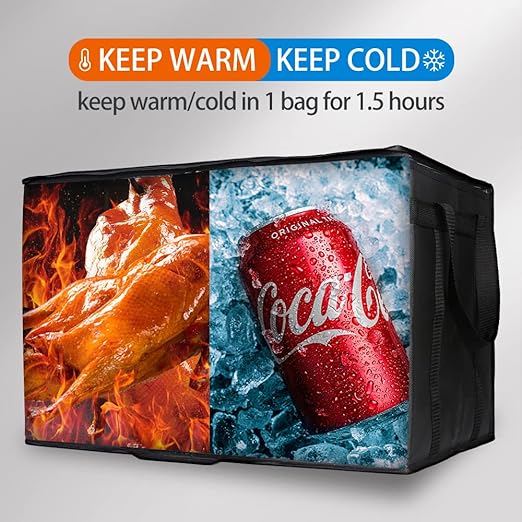 Bodaon 1PK Thermal Insulated Food Delivery Bag with Hard Bottom - 3X-Large Catering Cooler Bag for Hot and Cold Meals - Ideal for Commercial Pizza Transport, Grocery, Restaurants, and Events. Black