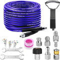 Sewer Jetter Kit for Pressure Washer, 100FT Drain Cleaner Hose 5800PSI with 1/4 Inch NPT Corner, Rotating Nozzle and 4 Different Button Nose Sewer Jet Nozzles, Waterproof Tape and 2 Spanners （Purple）