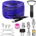Sewer Jetter Kit for Pressure Washer, 100FT Drain Cleaner Hose 5800PSI with 1/4 Inch NPT Corner, Rotating Nozzle and 4 Different Button Nose Sewer Jet Nozzles, Waterproof Tape and 2 Spanners （Purple）