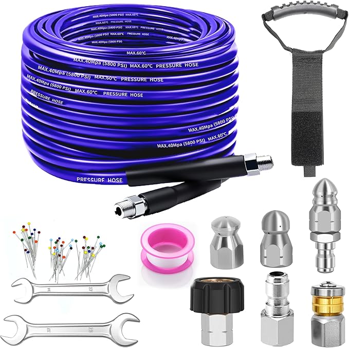 Sewer Jetter Kit for Pressure Washer, 100FT Drain Cleaner Hose 5800PSI with 1/4 Inch NPT Corner, Rotating Nozzle and 4 Different Button Nose Sewer Jet Nozzles, Waterproof Tape and 2 Spanners （Purple）