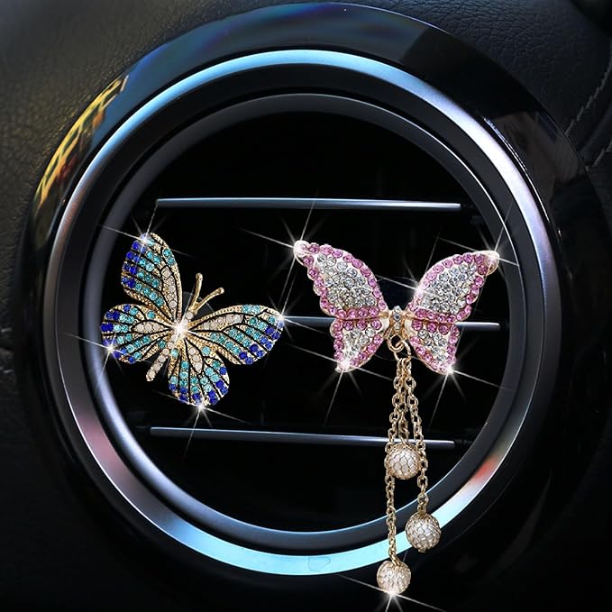 Blue and Pink Butterfly Air Vent Clip Accessories Air Conditioning Outlet Clip Car Air Freshener Dashboard Accessories Charm Car Inter Decor Cute Interior Accessories for Women (2 Pcs)