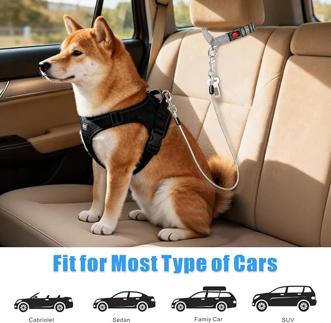Idepet Dog Seat Belt for Car, 2 Pcs Stainless Steel Chew Proof Dog Seatbelt 3 in 1 Harness for Safety Heavy Duty Pet Seat Belt for Medium & Large Dogs Grey