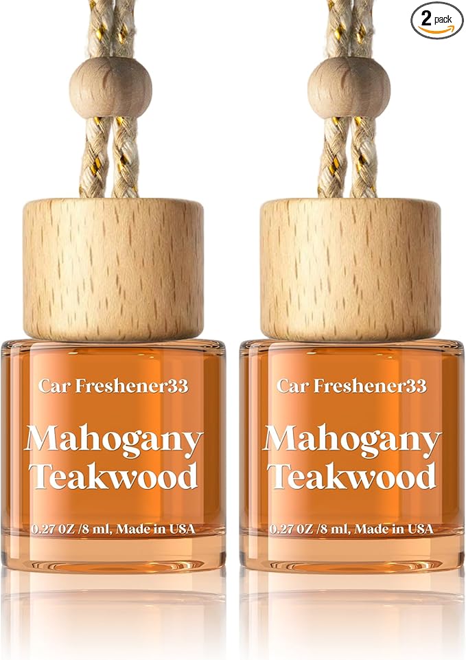 C Classy Car Air Freshener Hanging 2 Pack, Mahogany Teakwood Brown Bottle Essential Oil Diffuser for Cars, Cute Car Accessories, Long-Lasting Fragrance, Fresheners for Women & Men Gift, Made in USA