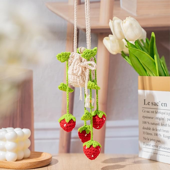 Crochet Plant Car Air Freshener, Cute Car Rearview Mirror Decor Hanging Ornament, Strawberry Knitted Handmade Auto Interior Accessories for Women (Strawberry)