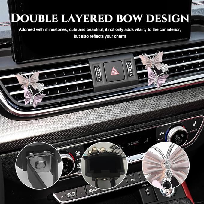 2PCS Car Air Vent Clips, Dual Butterfly Diamond Car Air Conditioner Outlet Vent Clip, Cute Car Diffuser Perfume Clip, Car Air Freshener Decor Accessories for Women Girl (Light Pink, Style 1)