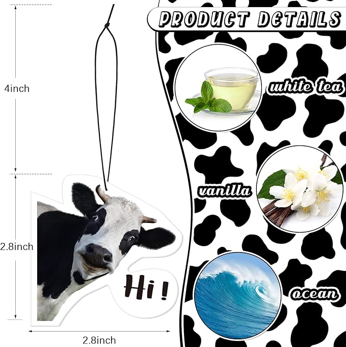 8 Pack Car Air Freshener Cattle Print Funny Cute Hanging Decorations Gift for Women Men, White Tea, Wild Bluebell, Vanilla, Ocean Scents, Black
