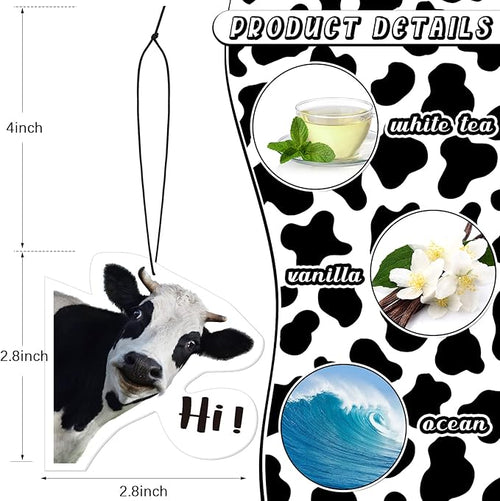 8 Pack Car Air Freshener Cattle Print Funny Cute Hanging Decorations Gift for Women Men, White Tea, Wild Bluebell, Vanilla, Ocean Scents, Black
