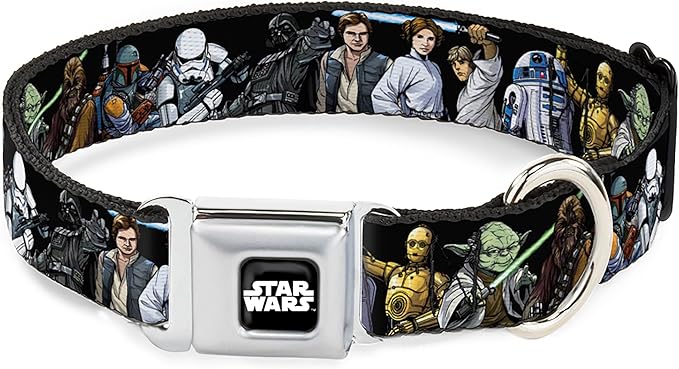 Star Wars Pet Collar, Dog Collar Metal Seatbelt Buckle, Star Wars Classic Character Poses Black, 16 to 23 Inches 1.5 Inch Wide