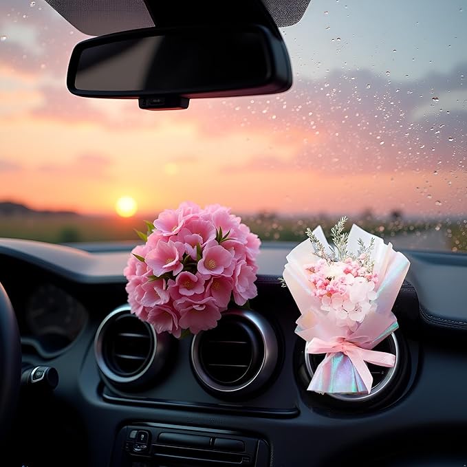 Pink Mini Dried Flowers Bouquet for Car Air Vent Clips, Car Air Outlet Perfume Decoration FlowerVent Clips Air Fresheners Interior Accessories Automotive