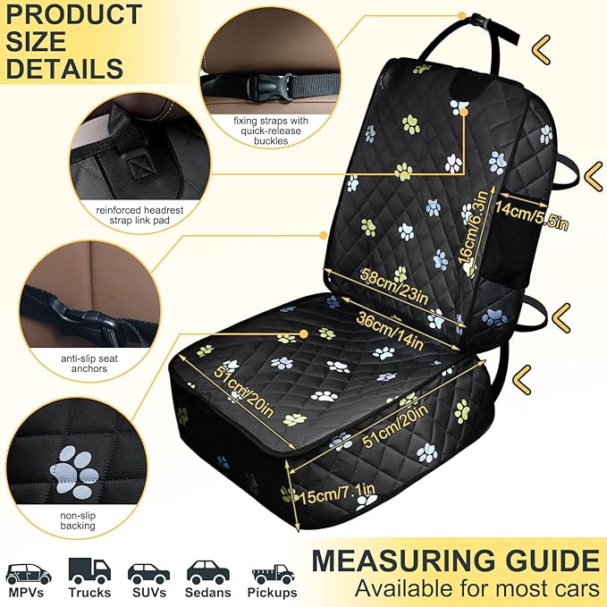 Riakrum Front Seat Dog Cover for Cars Trucks SUV Waterproof Scratchproof Nonslip Full Protection Pet Dog Car Seat Covers Cute Paw Print Front Passenger Chair Protector for Travel Bed Safety(Black)