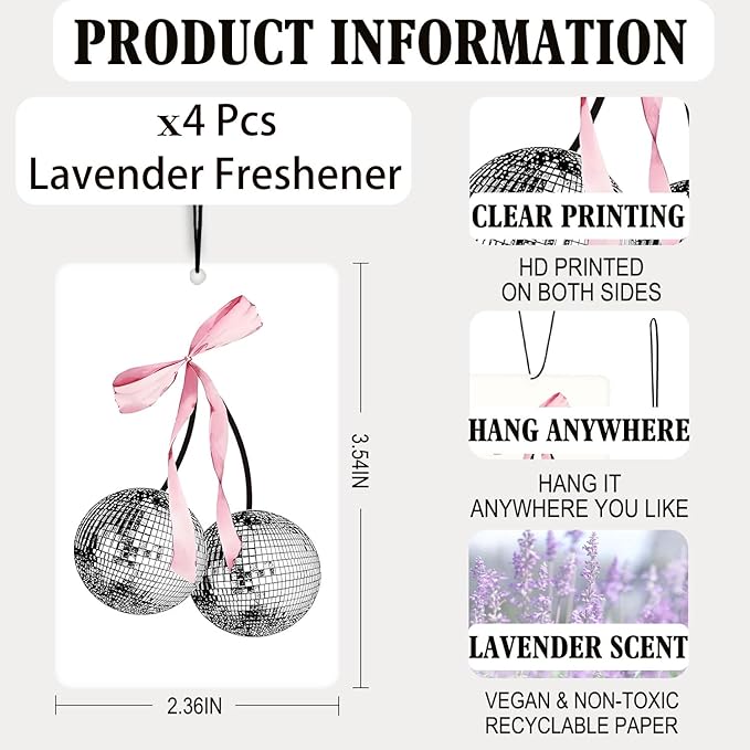 Coquette Pink Bow Lavender Car Air Freshener 4 Pcs,Preppy Poker Disco Ball Lucky 8 Ball Air Freshener Hanging Decor for Cars Closet Drawer Books,Car Decor for Women