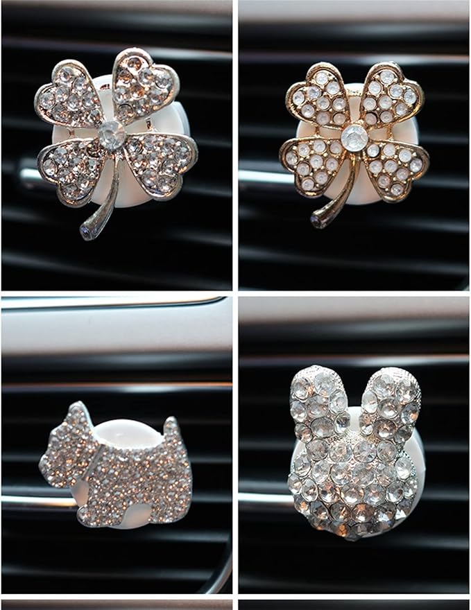 4 pcs Cute Car Vent Clips Car Air Fresheners Vents Clips Glistering Crystals Air Freshener Clip Charm Car Inter Decor Cute Accessories for Women Girls (Pink four-leaf clover air outlet)