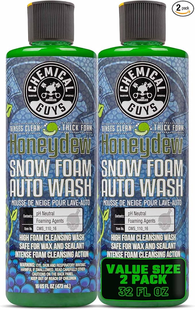 Chemical Guys Honeydew Snow Foam Auto Wash Cleanser 2 Pack (2 X 16 Fl. Oz.) - (Works with Foam Cannons, Guns or Bucket Washes) Safe for Trucks, Motorcycles, RVs & More, Honeydew Scent - CWS_110_1602
